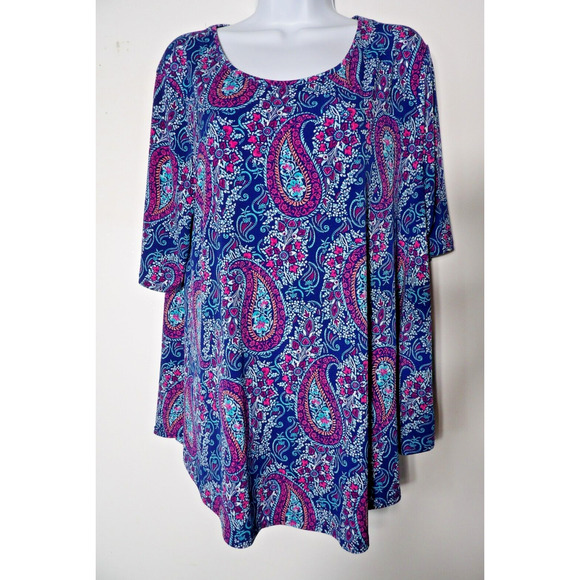 Chicos The Ultimate Tee Size 2 (Large) Floral Paisley Pink Blue Short Sleeve - Picture 1 of 10